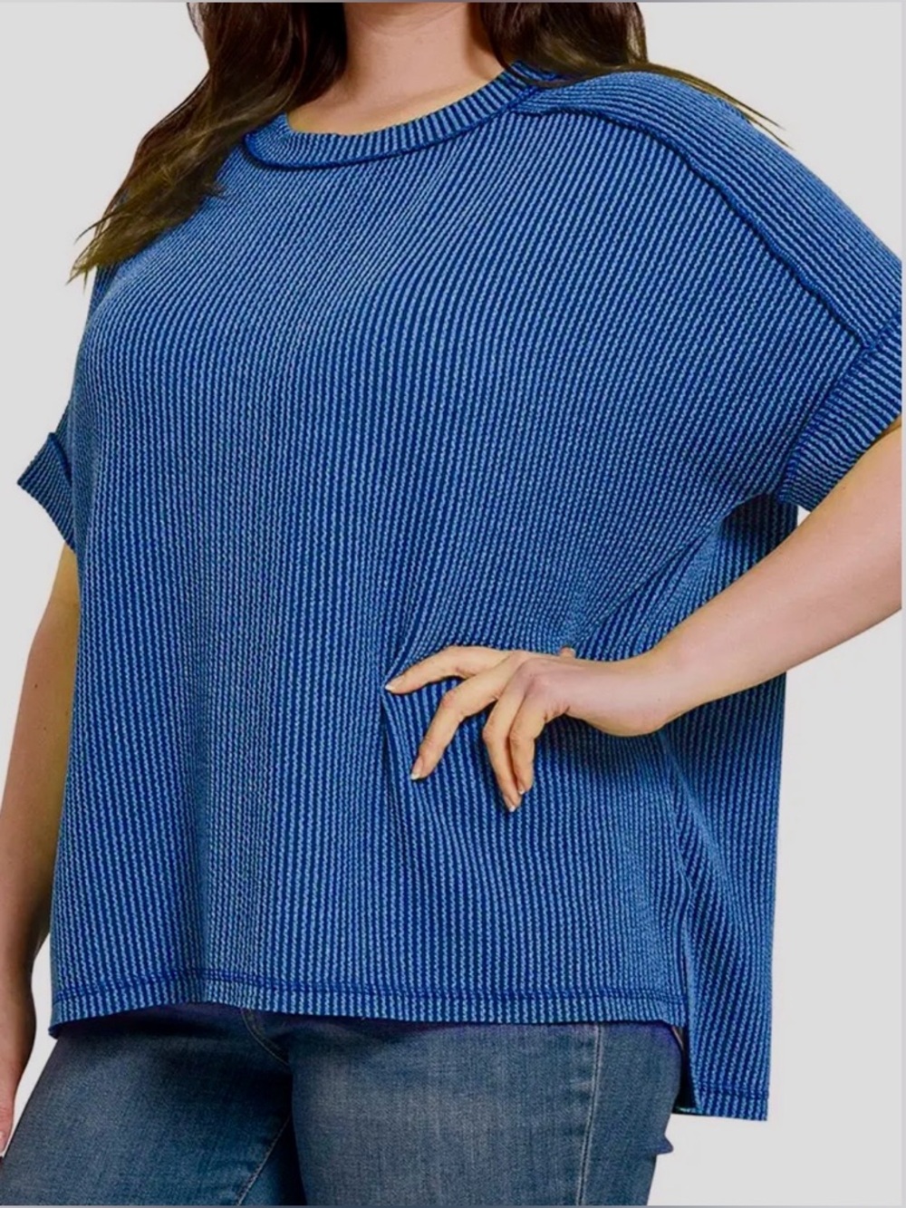 Zenana 1X/2X Classic Blue Hi-Low Crew Neck Ribbed Tunic Top Oversized
